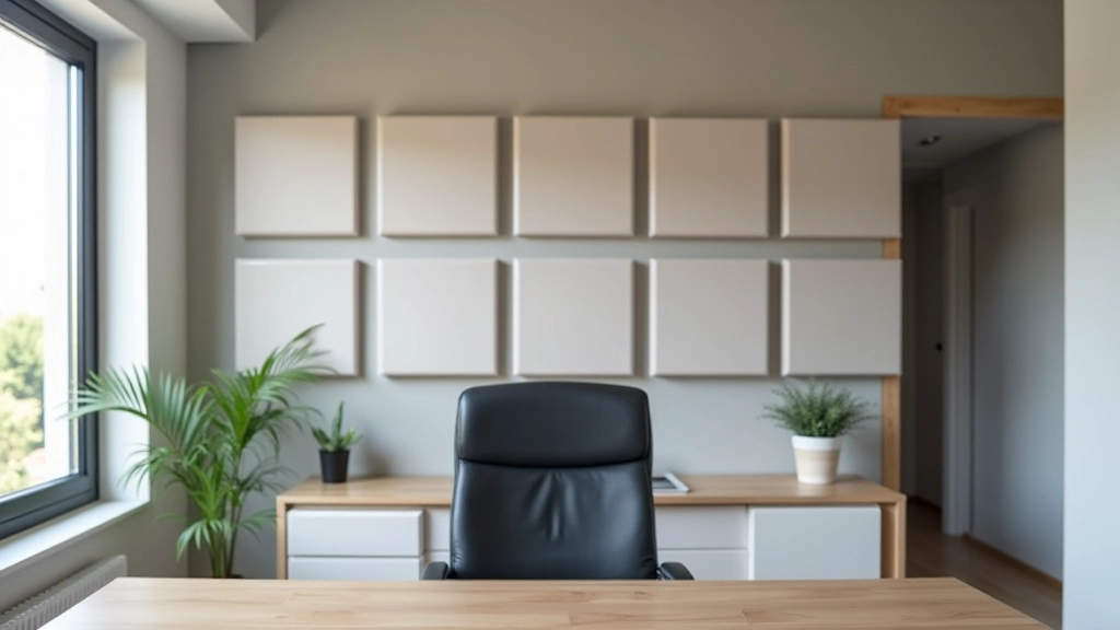 Painel acústico em parede com cores neutras, reduzindo reflexo de som em espaço de trabalho