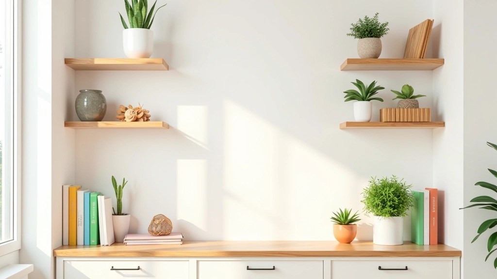 Prateleira com livros coloridos, plantas e decoração numa parede de home office, mostrando absorção acústica natural