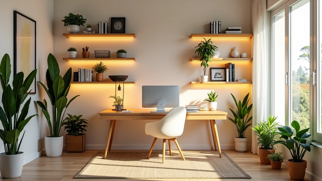 Espaço criativo com estantes abertas, plantas e móveis multifuncionais em cores suaves