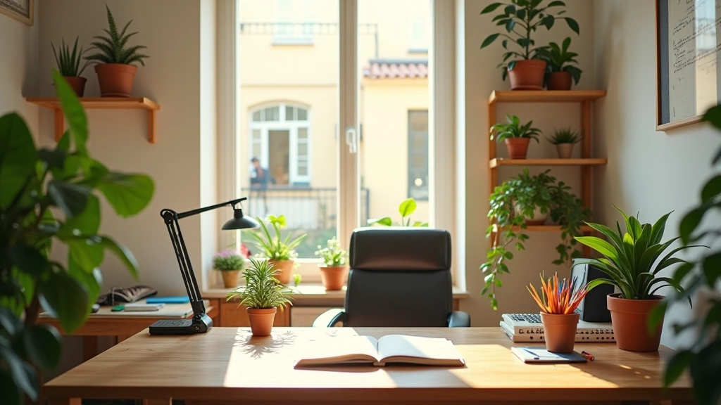 Espaço de home office criativo com decoração inspiradora, plantas e iluminação natural