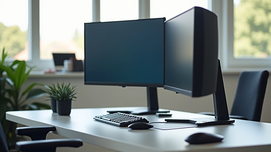 Setup de secretária com dual monitors posicionados para máxima eficiência visual