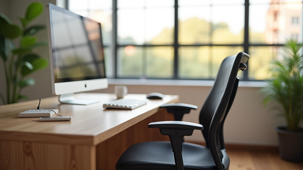 Cadeira ergonómica em frente a uma secretária de madeira com monitor e teclado num escritório bem iluminado
