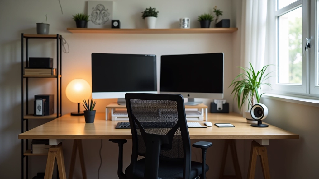 Secretária em L com dois monitores e iluminação adequada para trabalho concentrado