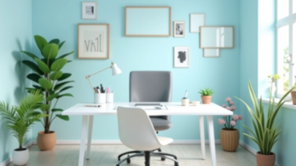 Escritório com parede de cor azul suave, móveis brancos, plantas verdes, e elementos decorativos pessoais em molduras