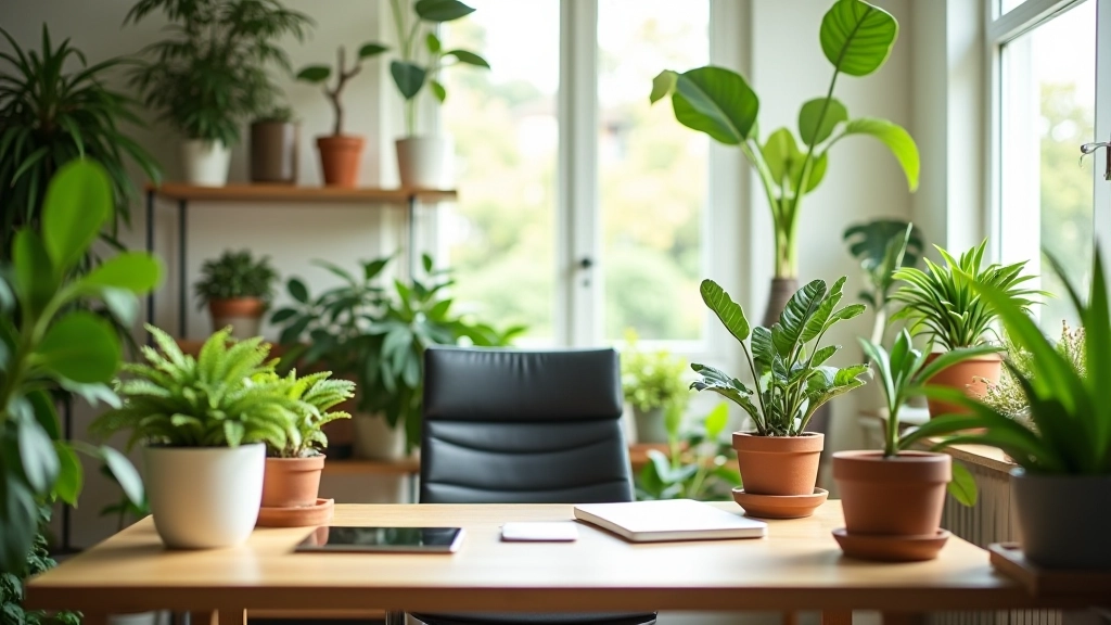 Escritório com múltiplas plantas verdes pequenas em vasos, algumas em prateleiras, outras na secretária, criando ambiente fresco e vivo