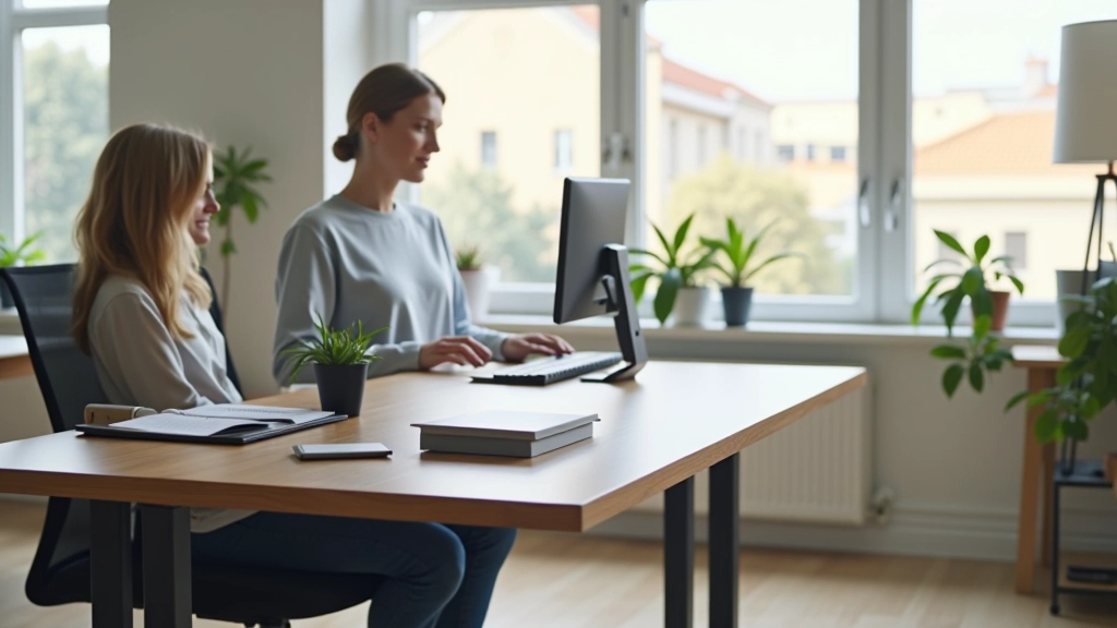 Secretária moderna com zona de trabalho de pé integrada e mobiliário flexível