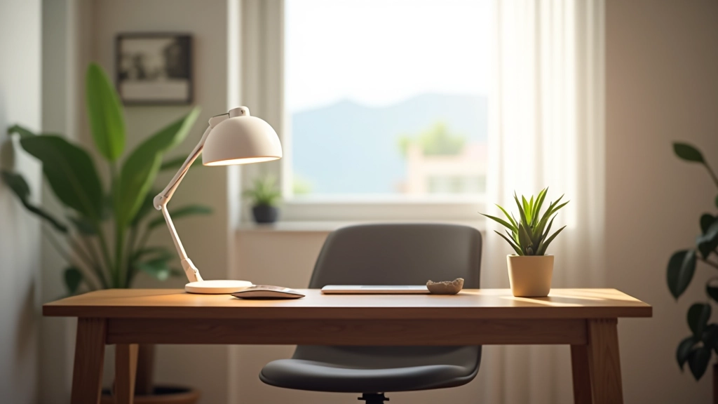 Secretária de home office com planta, almofada acústica, e móvel de armazenamento, criando um espaço funcional e calmo