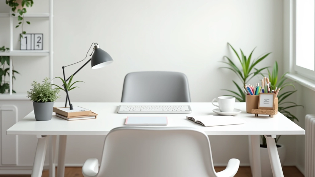 Home office moderno com mesa branca, cadeira ergonómica e prateleiras organizadas, luz natural pela janela, decoração minimalista