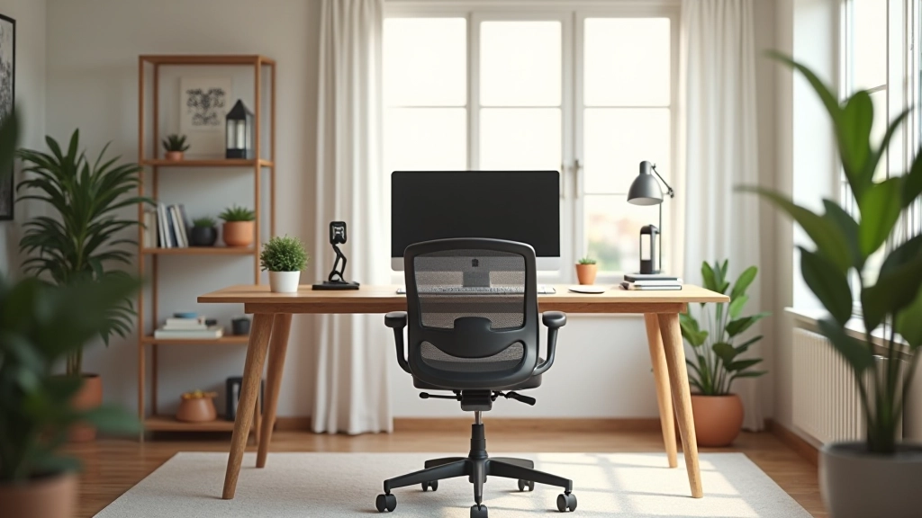 Espaço de trabalho moderno em casa com secretária organizada, cadeira ergonómica e monitor num ambiente bem iluminado