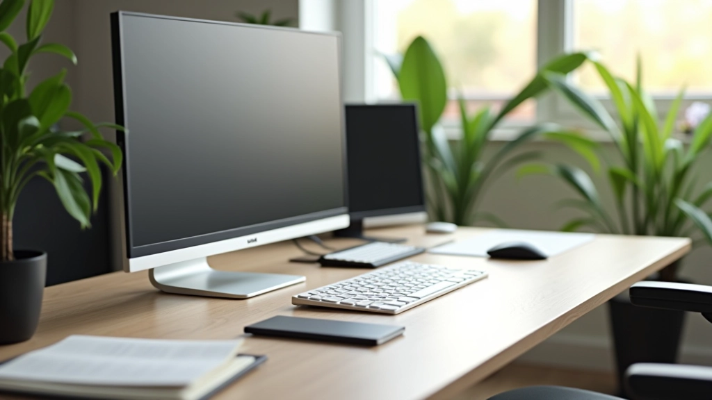 Layout de secretária organizado com monitores, teclado e espaço de trabalho bem estruturado