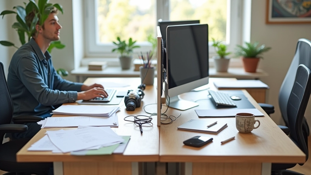 Espaço de trabalho desordenado versus espaço organizado, comparação lado a lado