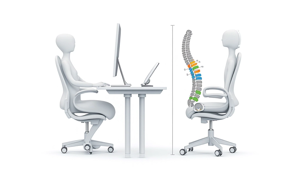 Diagrama mostrando os pontos de ajuste essenciais de uma cadeira ergonómica com linhas de medição e setas indicativas