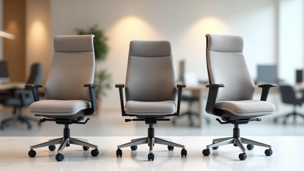 Comparação visual de três tipos de cadeiras de escritório em linha mostrando as diferenças de design e materiais