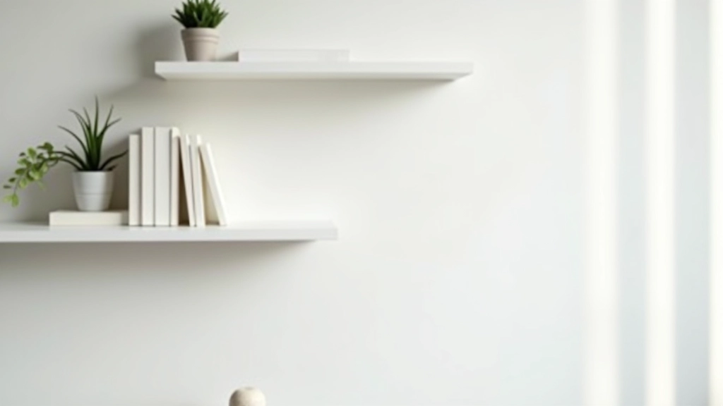 Parede com prateleiras flutuantes brancas, decoradas com plantas pequenas, livros organizados e itens decorativos minimalistas