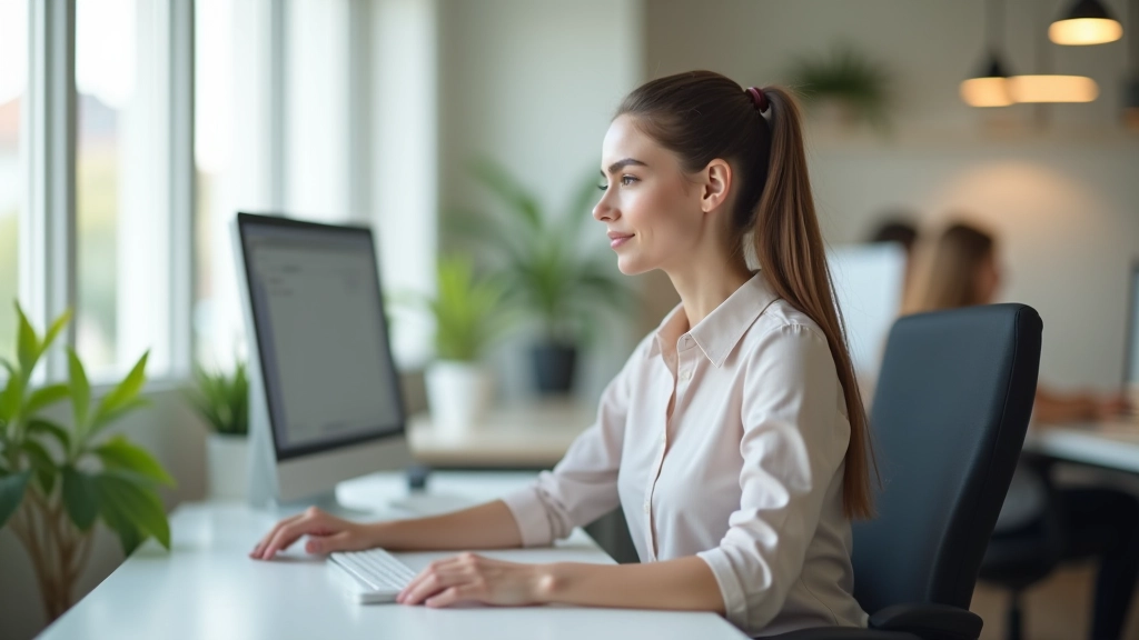 Mulher sentada numa cadeira ergonómica numa secretária bem organizada com monitor ao nível dos olhos e teclado posicionado correctamente